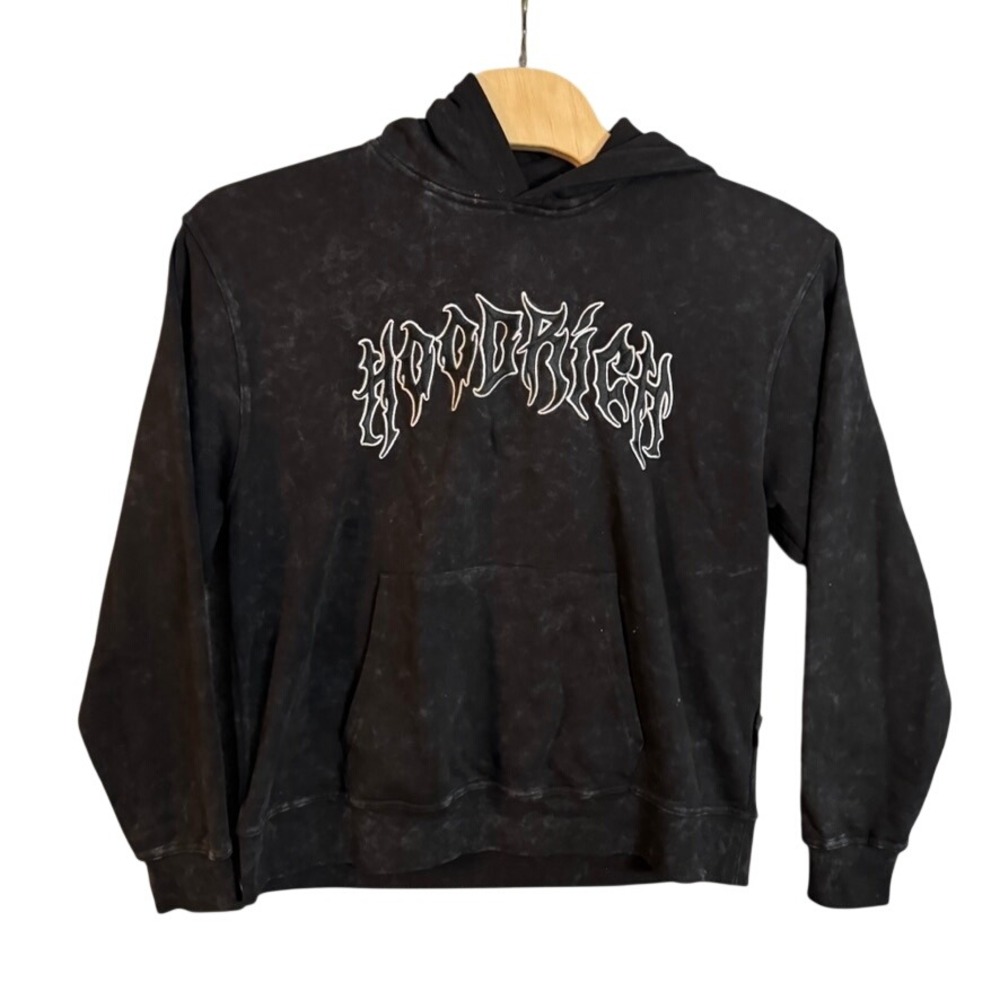 Hoodrich Mens Acid Wash Hoodie Black Gothic Logo Embroidered Sweatshirt XL